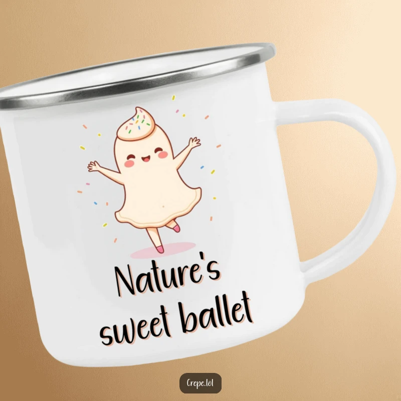 Funny camping mug featuring a delighted crepe character doing a ballet twirl amidst sprinkles, perfect for outdoor elegance.