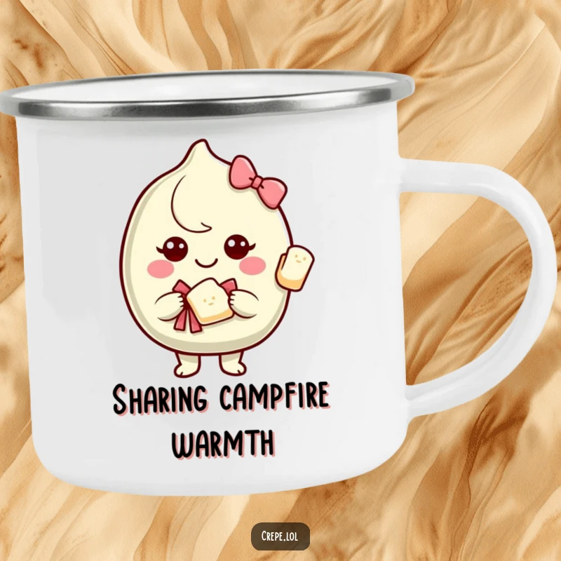 Funny camping mug featuring a smiling crepe character offering a piece of itself with a bow, ideal for sharing warmth outdoors.