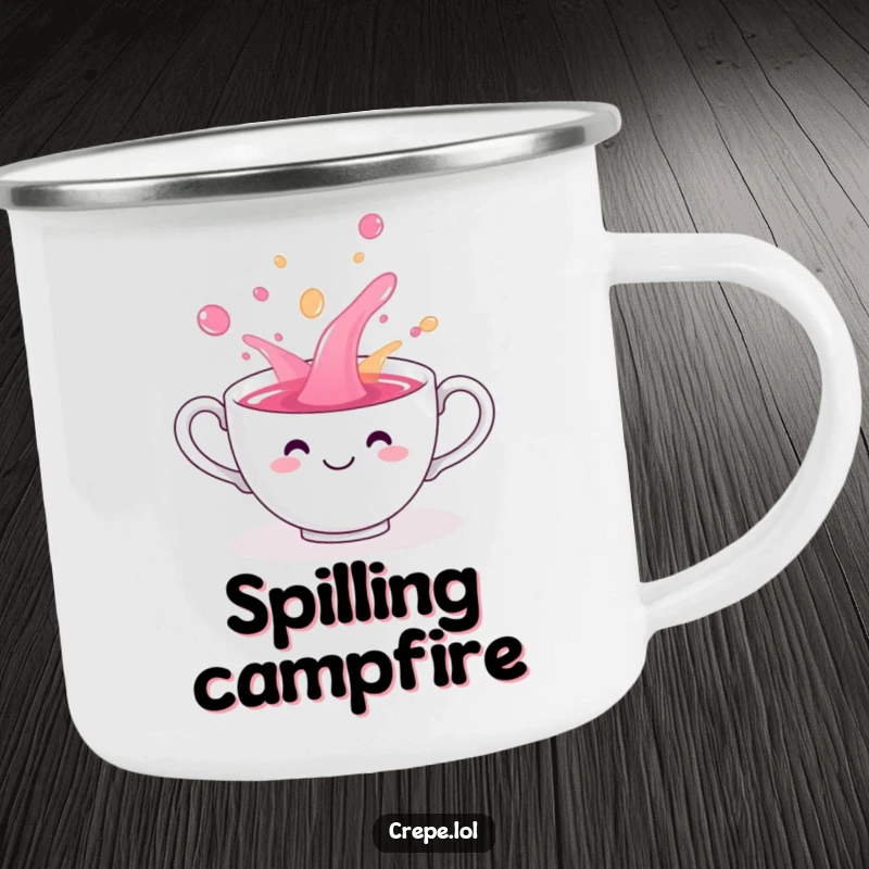 Funny teacup smiling and playfully spilling colorful liquid, printed on a sturdy camping mug.