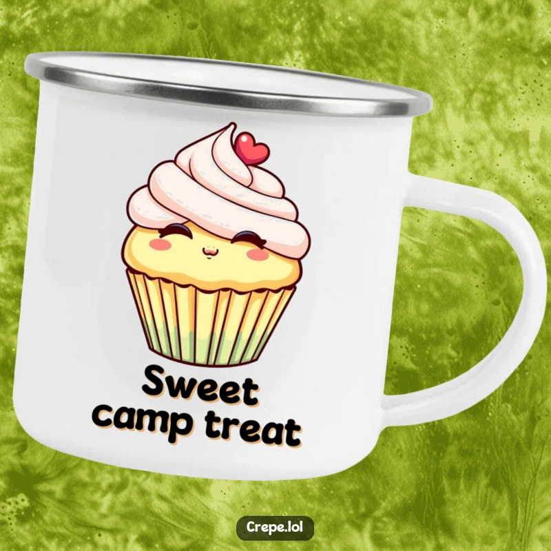 Funny camping mug showing a cheerful cupcake blowing a kiss, durable and perfect for enjoying sweet beverages outdoors.
