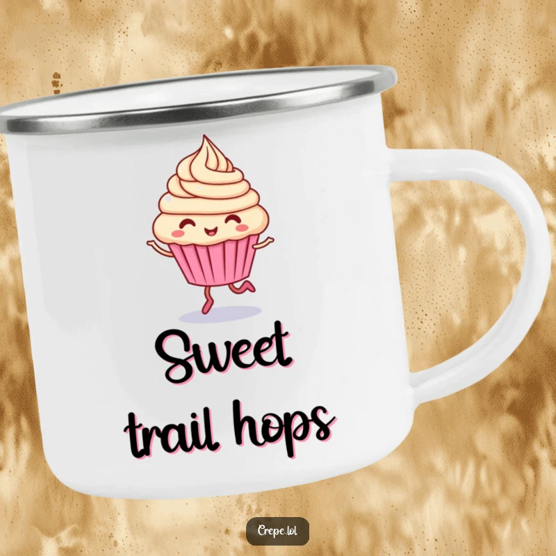 Funny cupcake character camping mug, giggling and hopping with swirling frosting, perfect for sweet adventures.