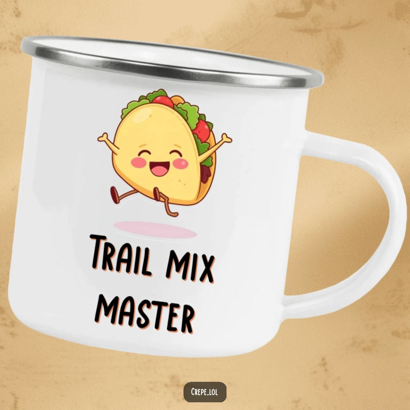 Funny camping mug showing a smiling taco with legs performing a cartwheel under the open sky. For outdoor enthusiasts.