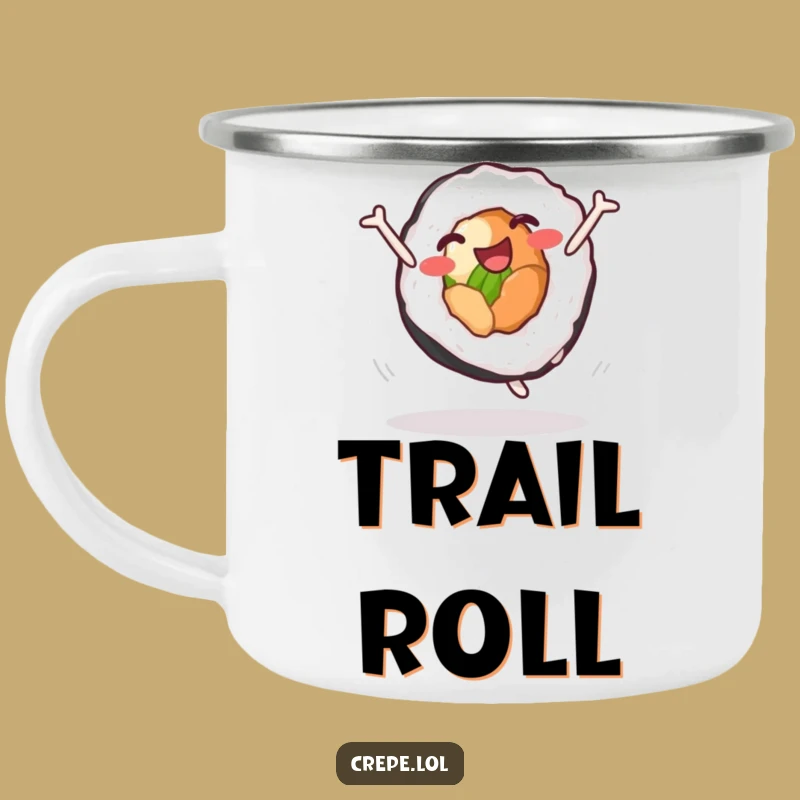 Funny Sushi Roll Cartwheel Camping Mug: Adventure Fuel with Hilarious Sushi Flair