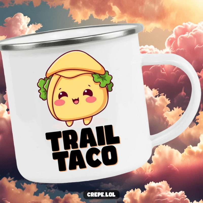 Funny taco hat tip camping mug, showing a smiling taco tipping its shell like a hat, designed for outdoor fun and humorous sips.