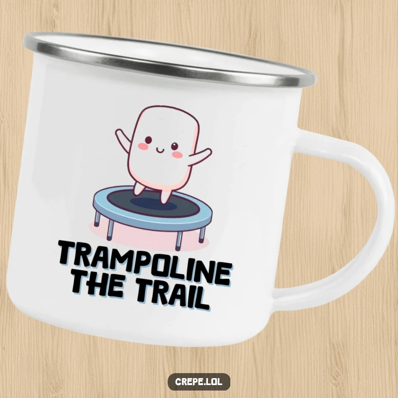 Funny smiling marshmallow character camping mug bouncing on a trampoline, perfect for outdoor enthusiasts.