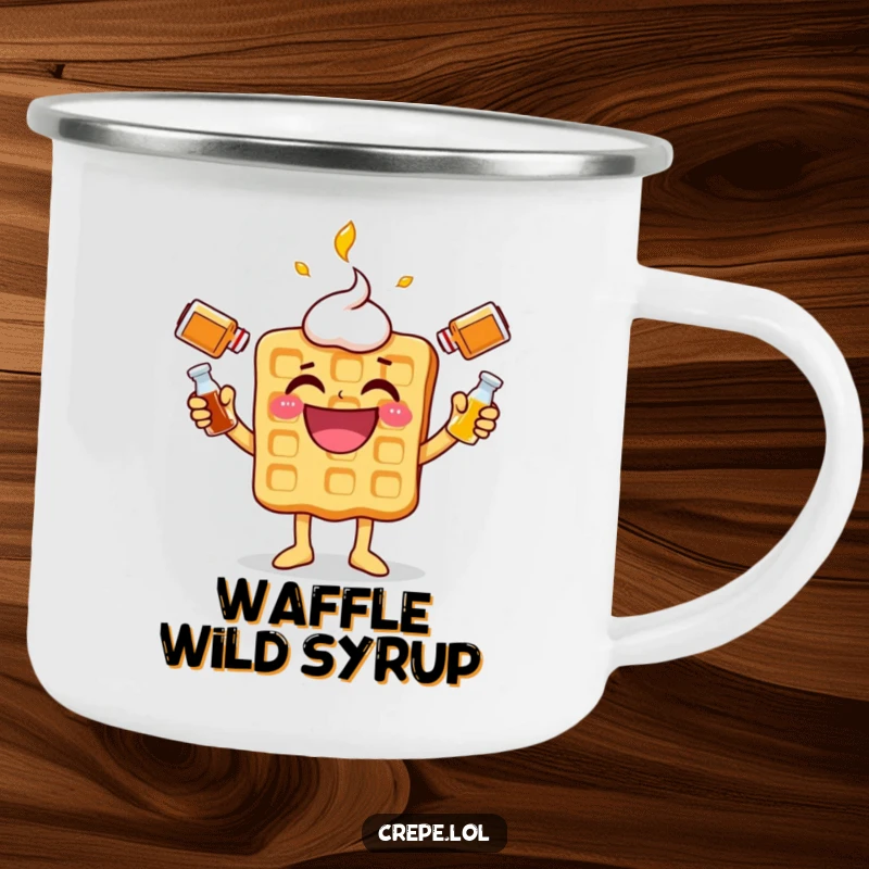 Funny waffle character camping mug, juggling syrup bottles, ideal for outdoor humor adventures.