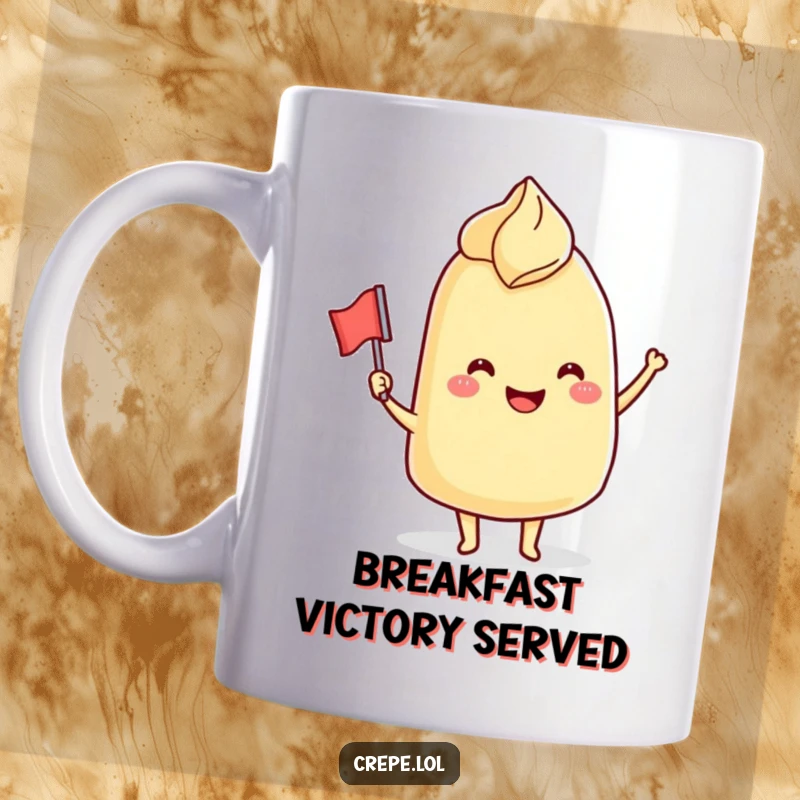 Funny Mug: A smiling crepe character holding a small flag and waving cheerfully, embodying international delight and humor.