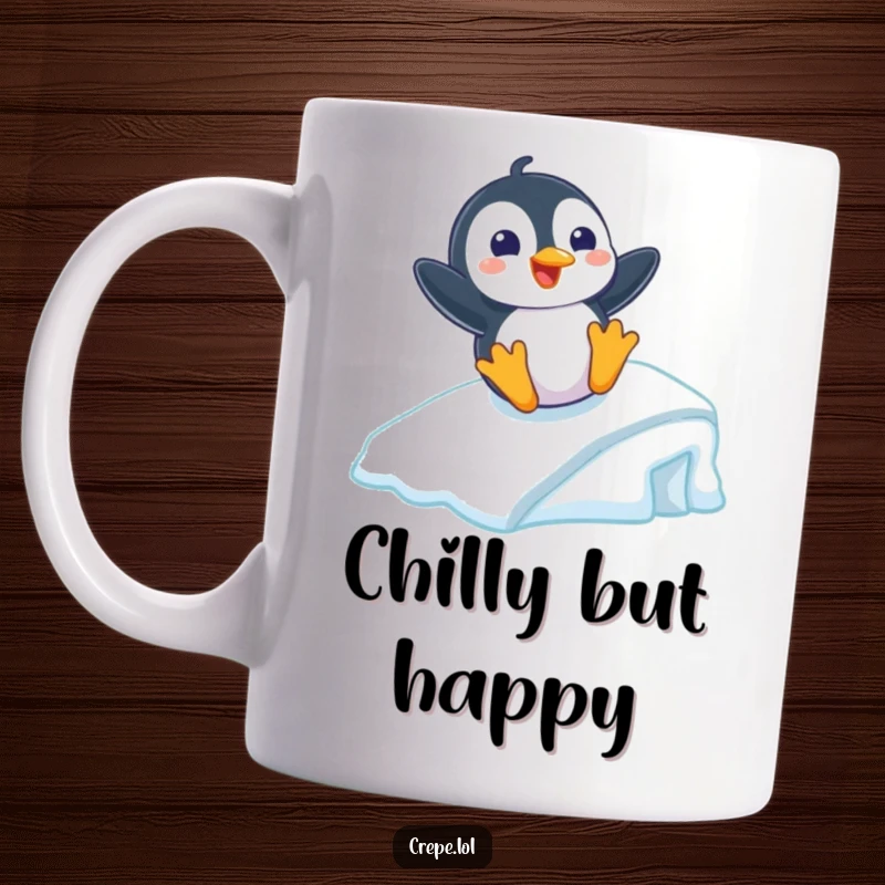 Funny mug showing a playful penguin with a wide grin joyfully sliding down a smooth icy ramp.