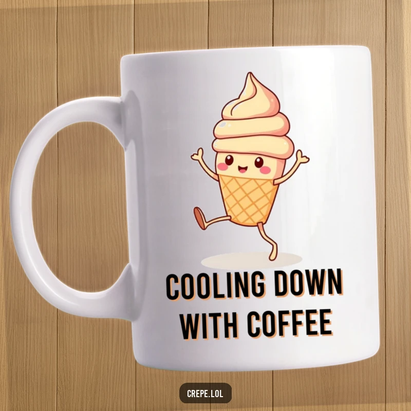 Funny cute ice cream cone with legs doing a silly, joyful dance, bringing sweetness and humor to this coffee mug.