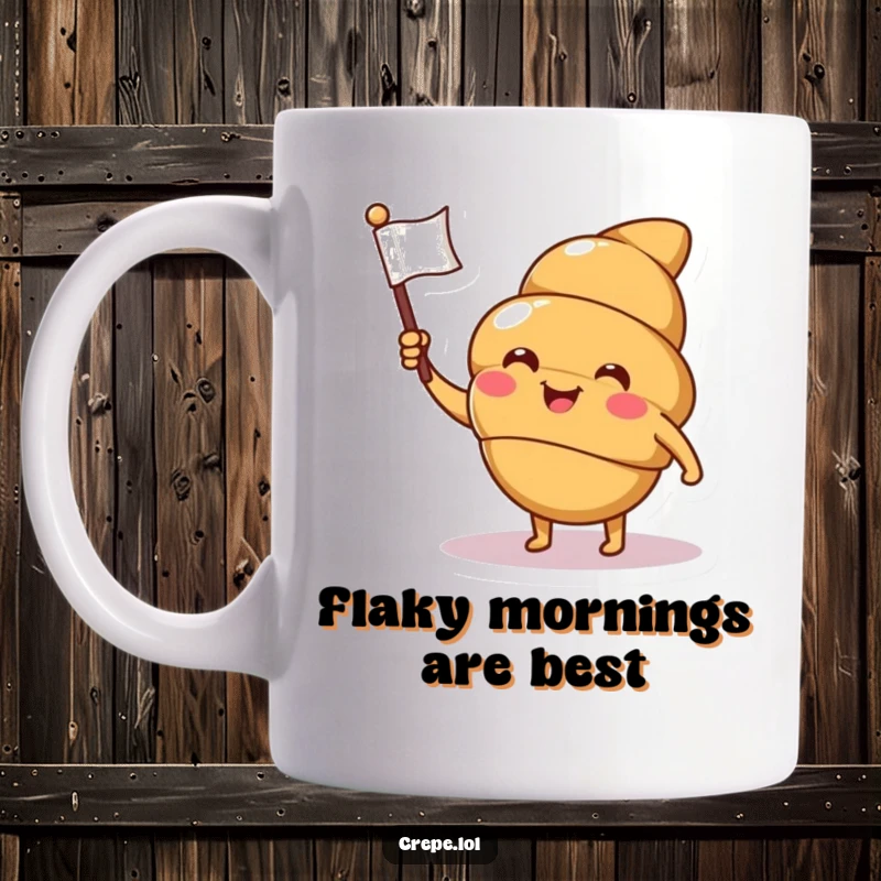 Funny croissant mug featuring a smiling character waving a tiny flag with a wink, perfect for pastry lovers and gift-givers.