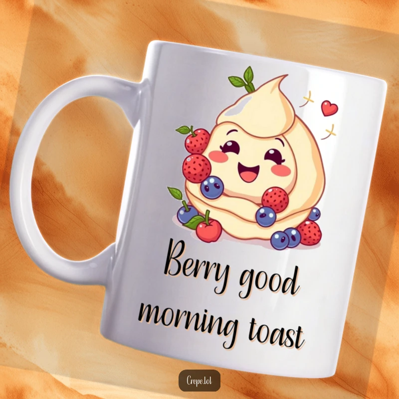 Funny mug illustration of a smiling crepe with colorful berries playfully twirling around its edges.