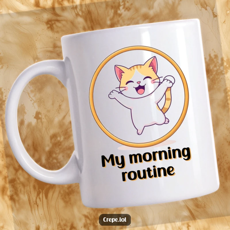 Funny mug showing a delighted cat with a rapidly wagging tail mid-jump through a red hoop, showcasing playful energy.