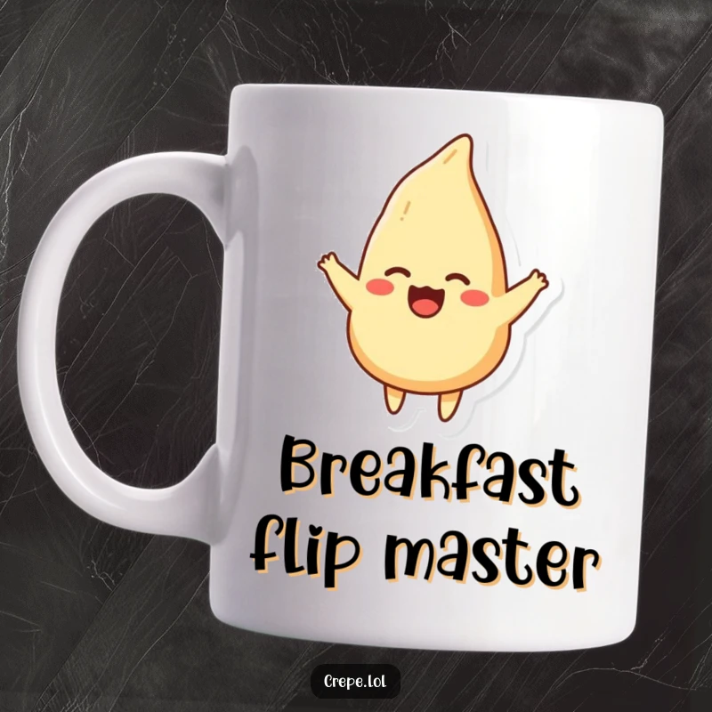 Funny mug illustration of a happy crepe mid-air, gracefully executing a joyful flip with a smile.