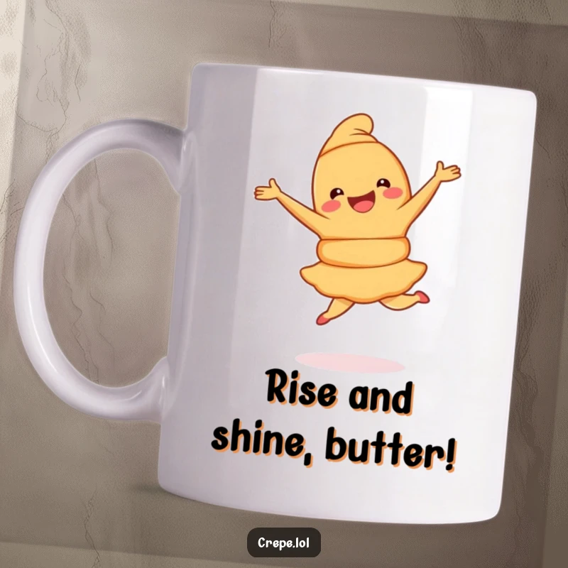 Funny Croissant Pirouette Mug showing a joyful baked pastry gracefully performing a ballet pirouette with a happy expression.