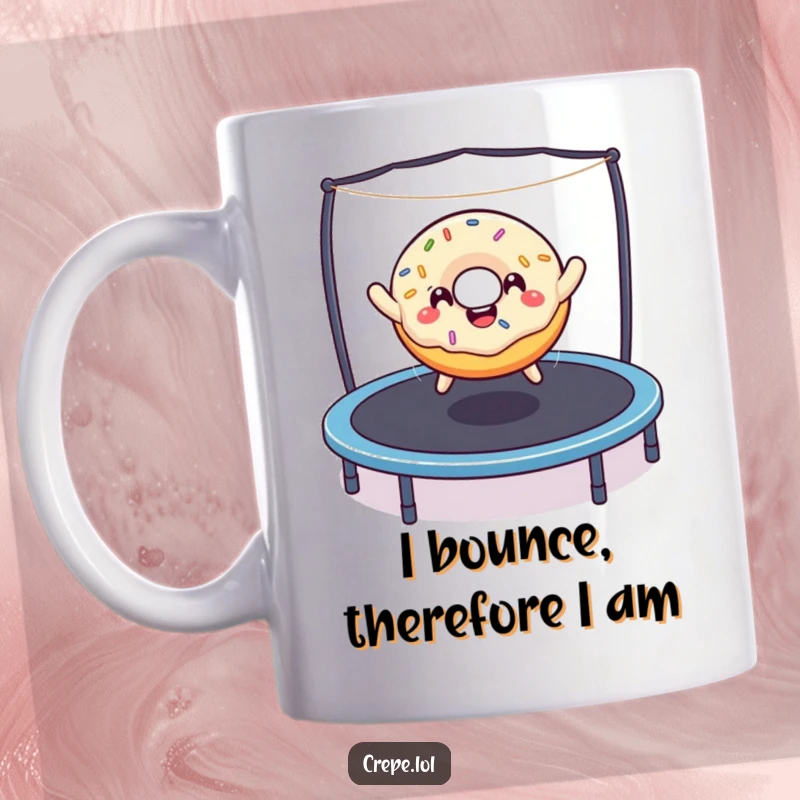 Funny donut with sprinkles gleefully bouncing on a trampoline, bringing joy and humor to this delightful coffee mug.