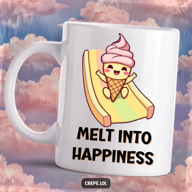Funny ice cream cone mug with a cheerful character sliding down a rainbow, perfect for summer lovers and gift-givers.