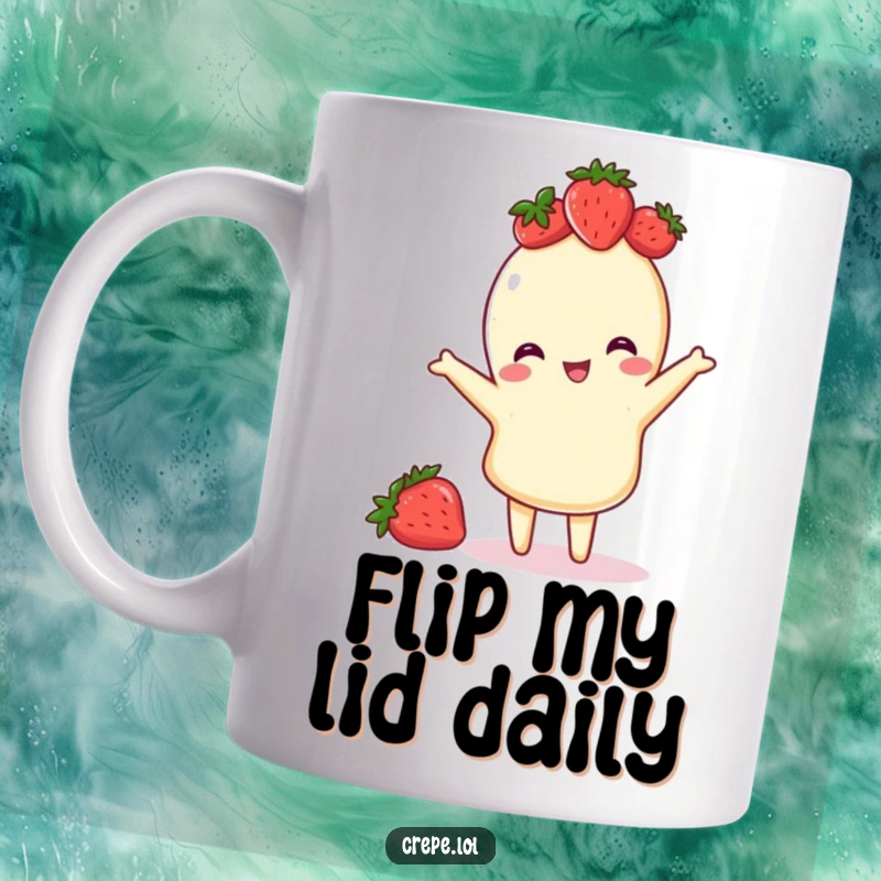 Funny crepe mug featuring a strawberry-crowned crepe doing a playful flip with a joyful expression, perfect for breakfast lovers.