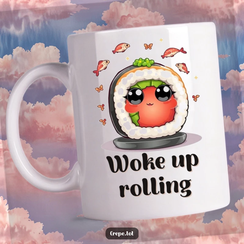 Funny mug depicting a wide-eyed sushi piece juggling small fish, a humorous and charming kitchen accessory.