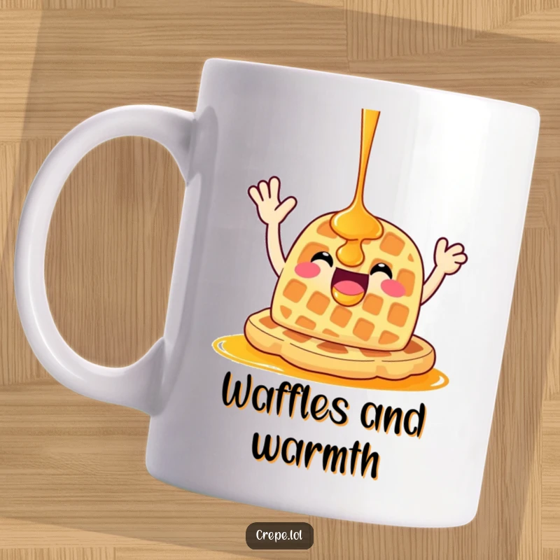 Funny happy waffle dripping with syrup, waving enthusiastically, bringing warmth and humor to this coffee mug.