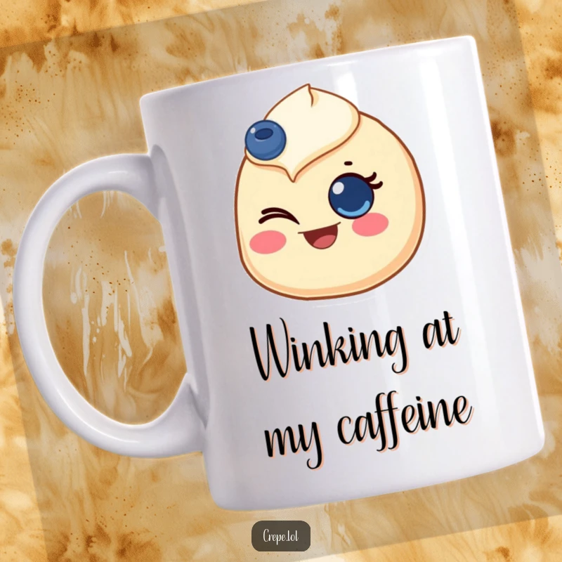 Funny mug featuring a crepe with a blueberry for an eye, giving a cheerful and joyful wink, radiating happiness.