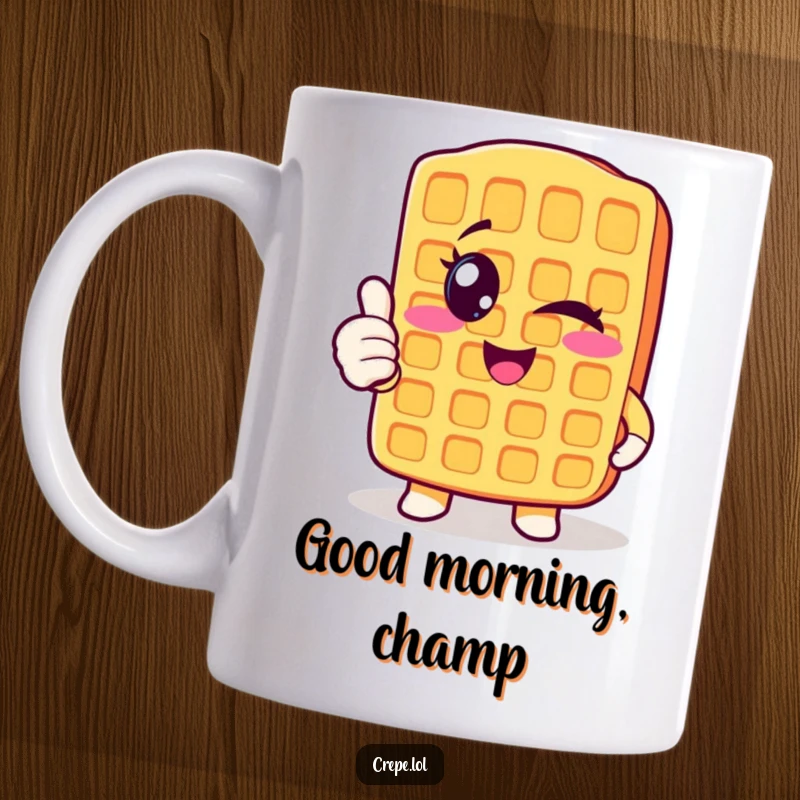 Funny winking waffle character mug giving a thumbs up, a cheerful and positive breakfast item.