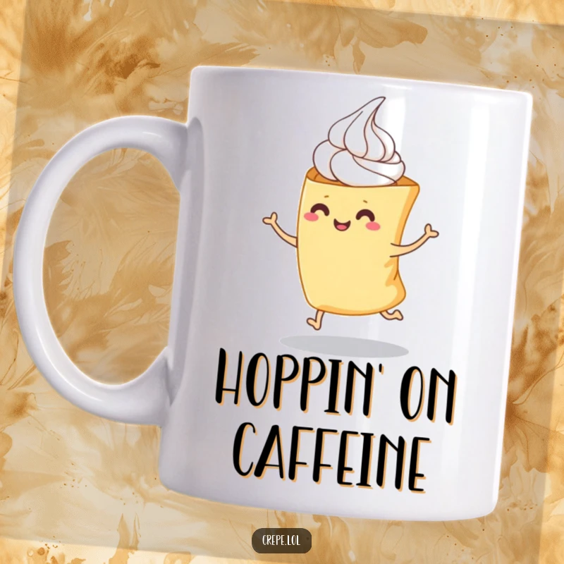 Funny mug featuring a folded crepe with whipped cream doing a playful hop, bringing cheerful energy to your morning coffee.