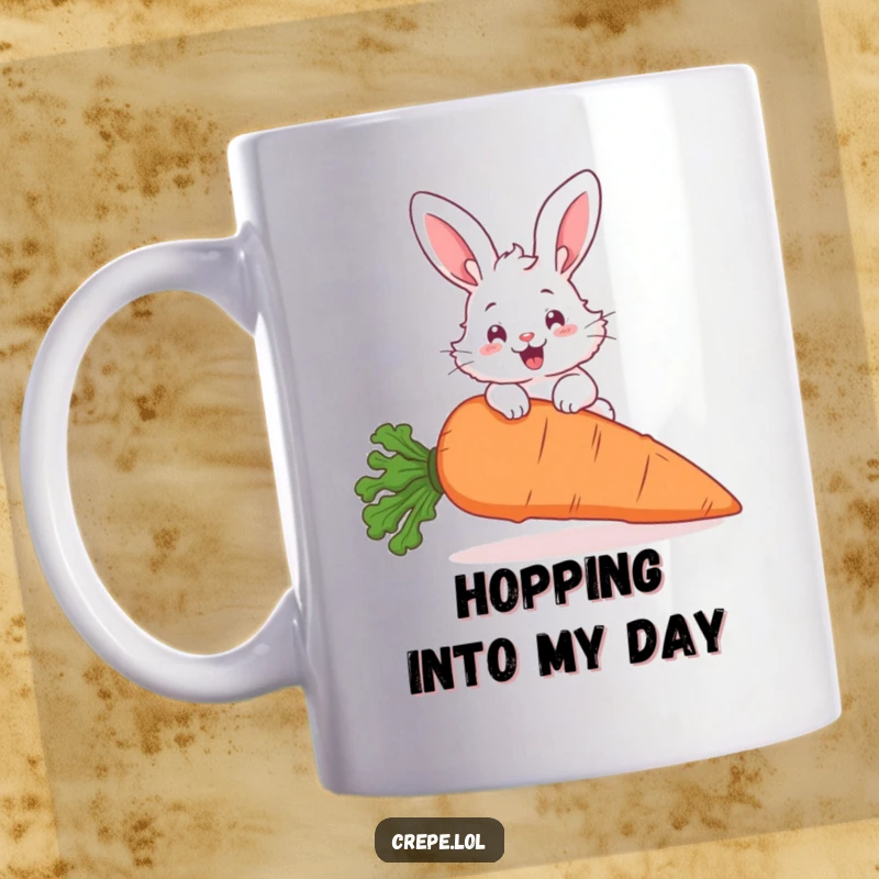 Funny fluffy bunny with big ears joyfully hopping over a giant carrot, a humorous and cute scene on a mug.