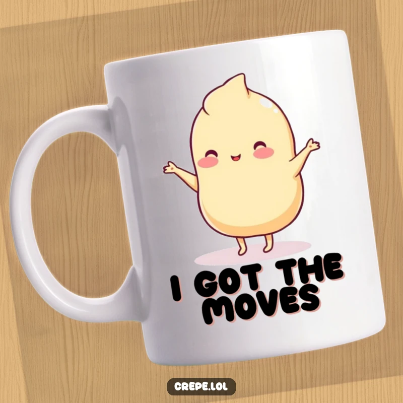 Funny mug featuring a wobbly plain crepe with tiny legs doing a silly, energetic dance, perfect for morning amusement.
