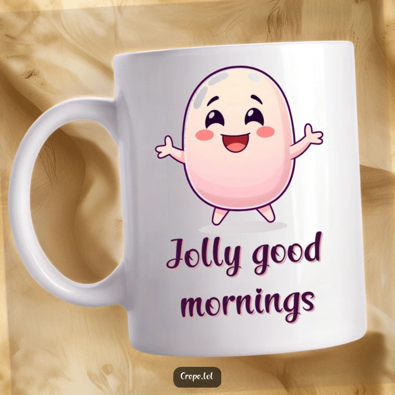 Funny, wide-eyed jellybean laughing and jumping with pure excitement, perfect for a mug.