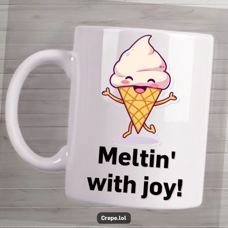Funny Ice Cream Dance Mug showcasing a grinning ice cream cone with a big smile, happily dancing with glee.