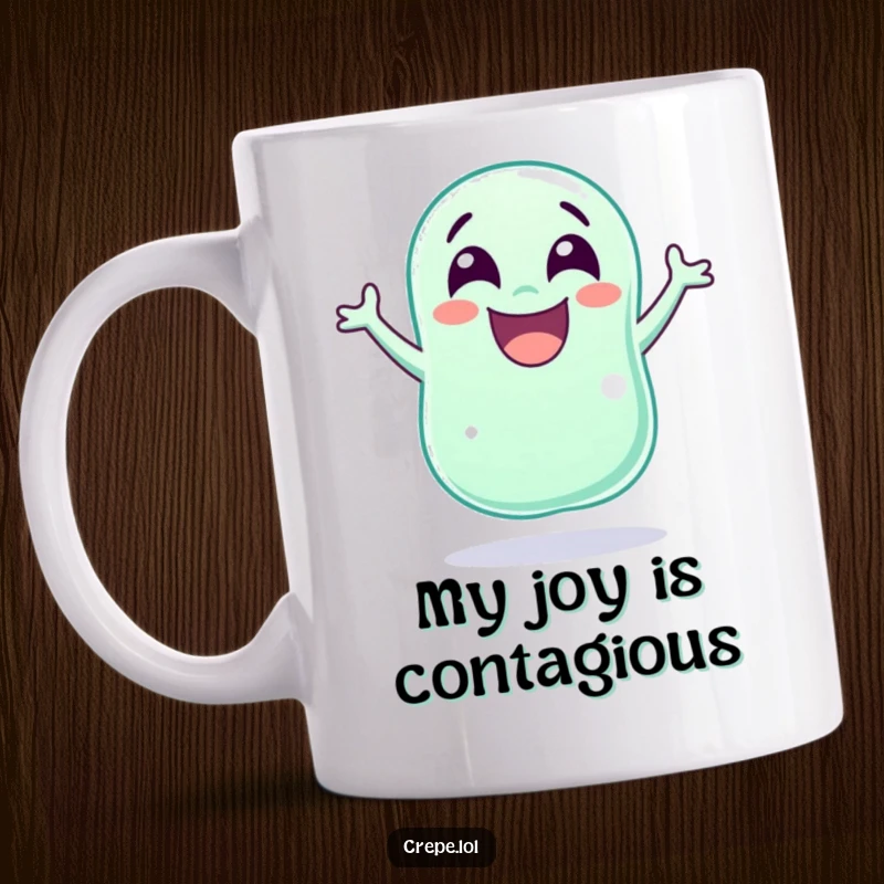 Funny, wide-eyed jellybean laughing and jumping for joy, bringing vibrant energy to this delightful coffee mug.