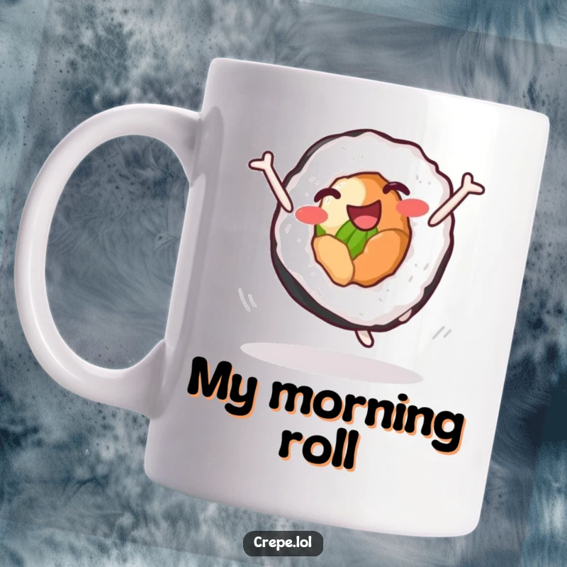 Funny sushi roll mug with a delighted expression doing a cartwheel, capturing pure joy and foodie humor for a unique gift.