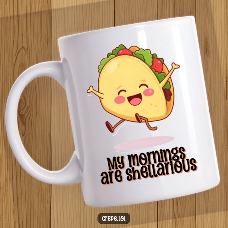 Funny mug showing a happy taco with legs doing a cartwheel, spreading pure joy and humor. Perfect for breakfast lovers.