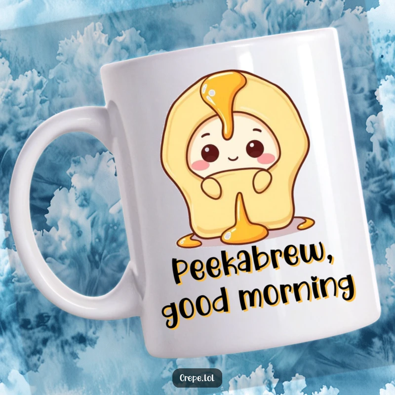 Funny mug showing a shy banana crepe peeking with large eyes from behind a glistening drizzle of syrup.