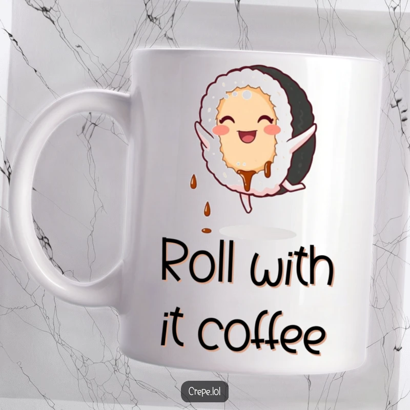 Funny Sushi Mug: A smiling sushi roll energetically doing a cartwheel with soy sauce dripping.