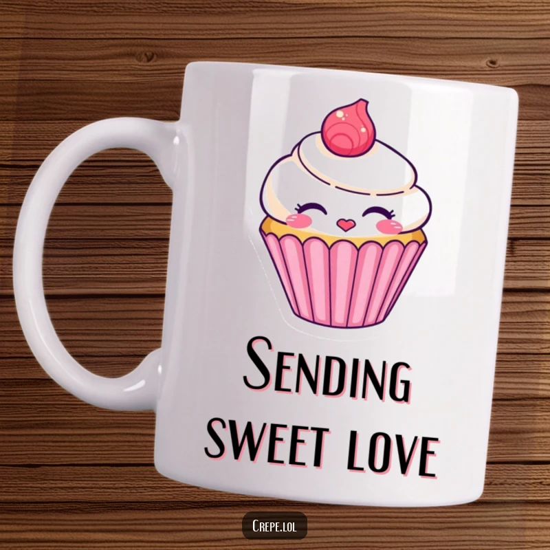 Funny smiling cupcake character mug blowing a kiss, a sweet and affectionate dessert-themed item.