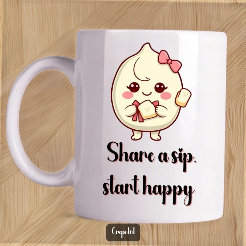 Funny mug showing a smiling crepe character offering a slice of itself with a decorative bow, radiating generosity and humor.