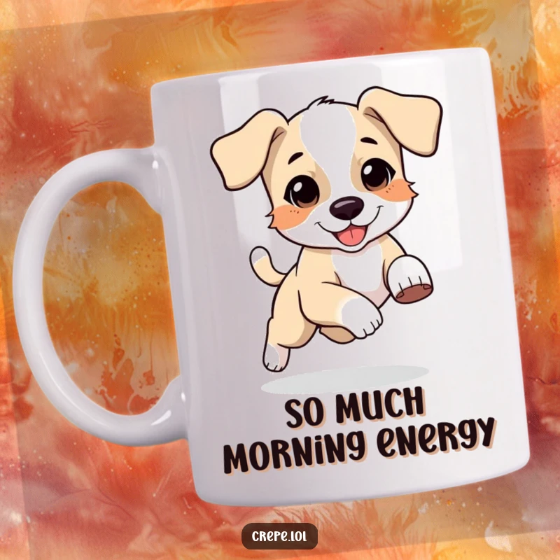 Funny mug showing a happy, bouncing puppy with floppy ears in a dizzying spin, chasing its own tail.