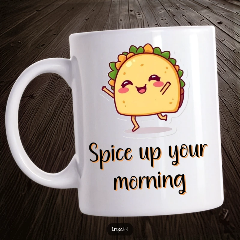 Funny Mug: A cheerful taco with legs doing a lively dance, embodying happiness and culinary fun.