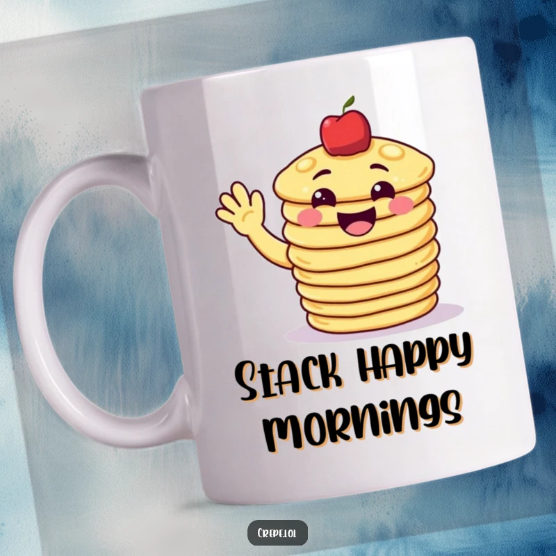 Funny pancake mug featuring a grinning stack of pancakes waving cheerfully, embodying breakfast joy.