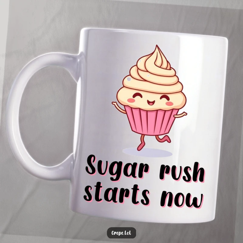 Funny cupcake character mug, giggling and hopping with frosting swirling, bringing sweet humor.