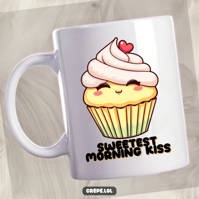 Funny mug featuring a cheerful cupcake with fluffy frosting, puckering its lips to blow a sweet, playful kiss.