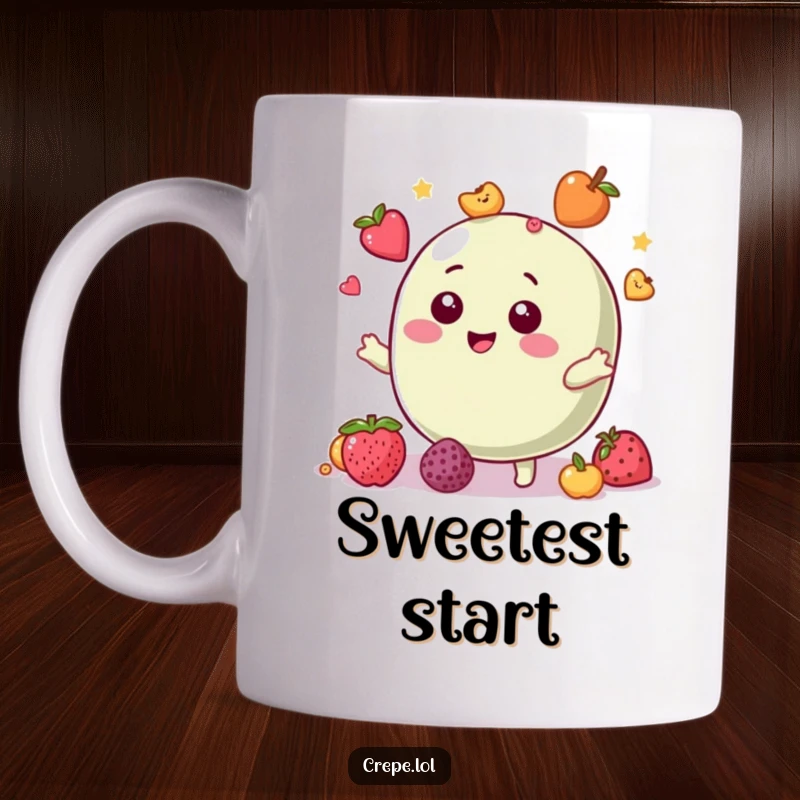 Funny mug featuring a giggling macaron character expertly juggling colorful fruit toppings with a cheerful expression.