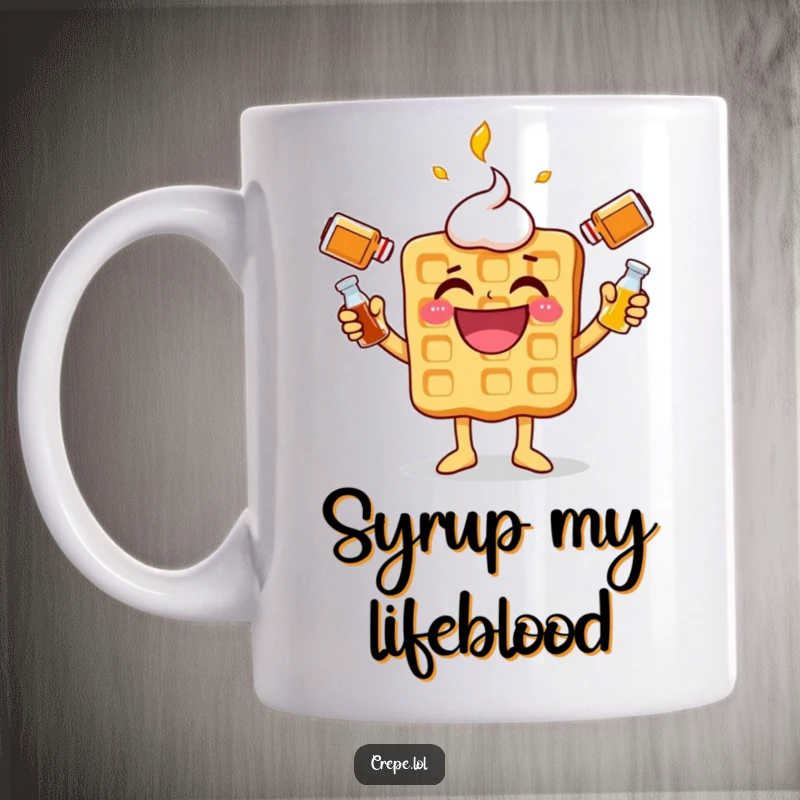 Funny waffle mug with a cheerful character joyfully juggling syrup bottles, spreading breakfast cheer and laughter.