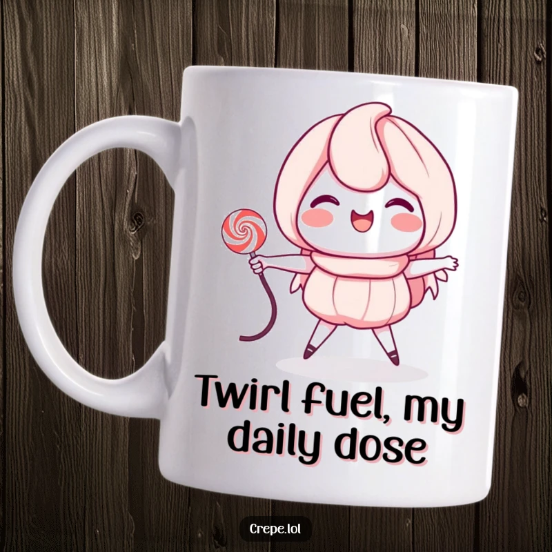 Funny mug showing a happy crepe character vigorously jumping rope with a licorice string, full of energy and joy.