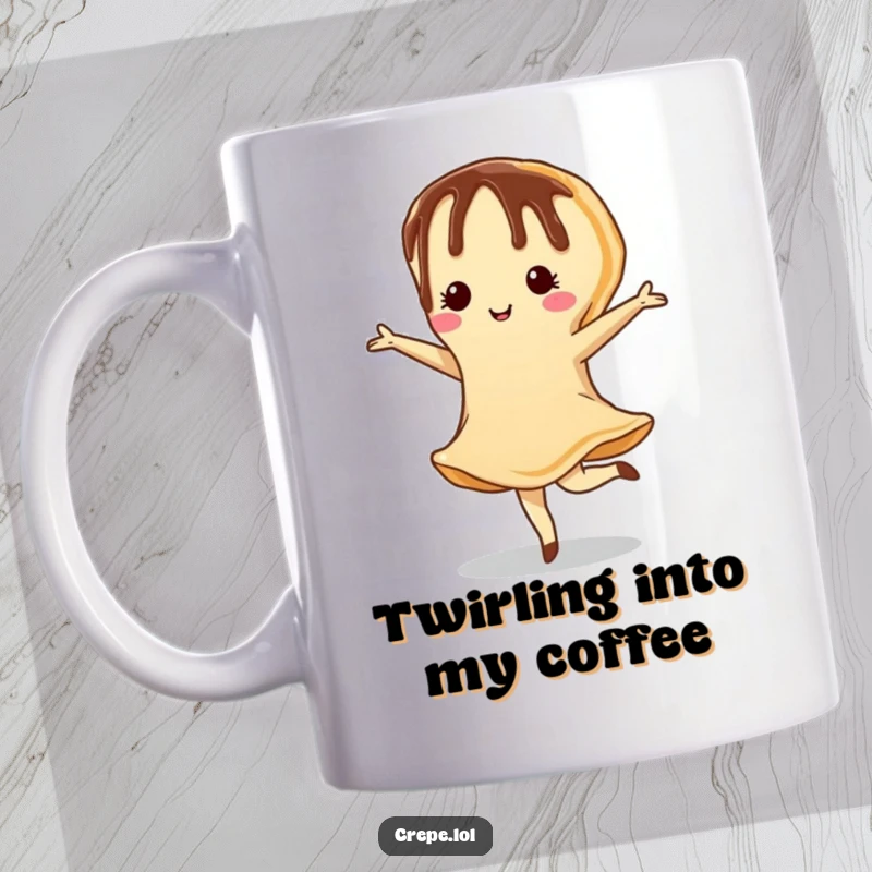 Funny mug featuring a chocolate-drizzled crepe performing a charming pirouette with a smile, celebrating sweet moments.