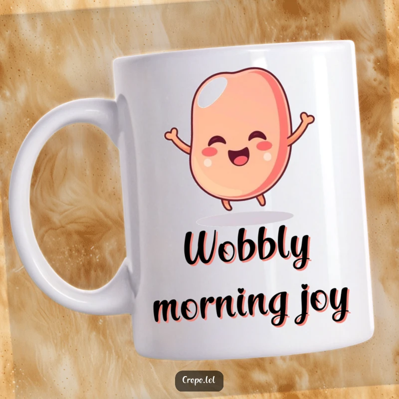 Funny mug featuring a wobbly jelly bean in mid-bounce, radiating pure glee and vibrant color, full of infectious happiness.