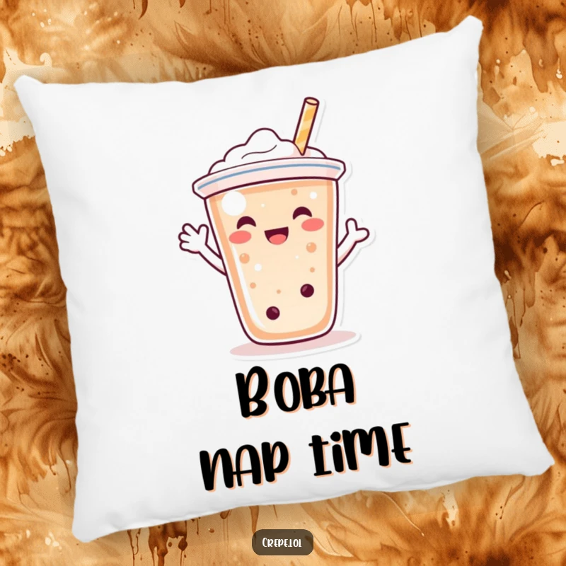 Funny bubble tea character pillow, happily waving with its straw, soft and cheerful decor.