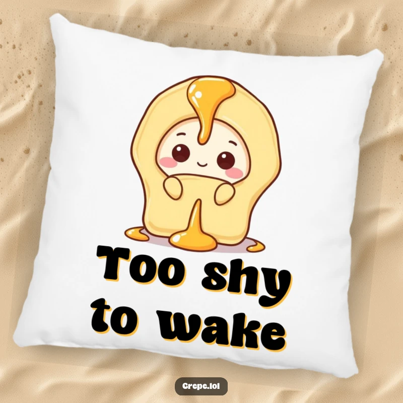 Funny pillow showcasing a shy banana crepe peeking from behind a sweet drizzle of syrup.