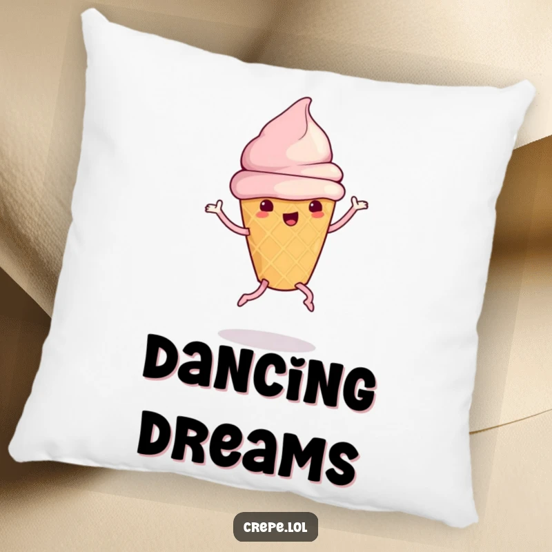 Funny ice cream cone with legs doing a silly dance, a soft decorative pillow.
